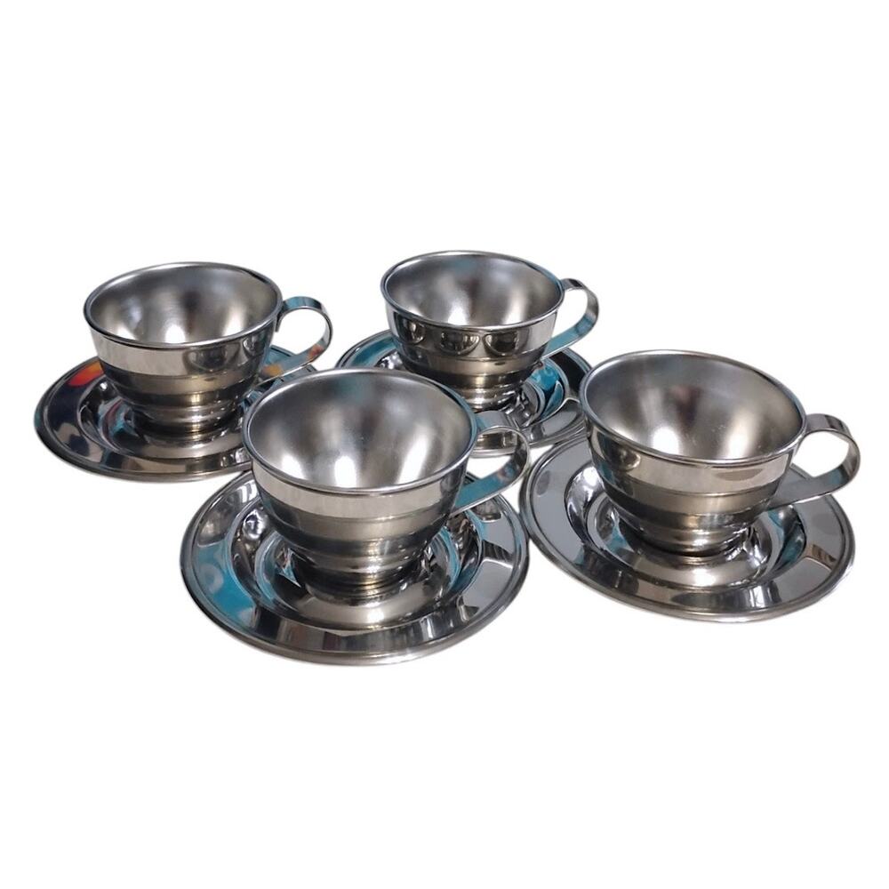Vintage Nanni 70s Stainless Steel Espresso Cups & Saucers Inox Set of 4 Italy